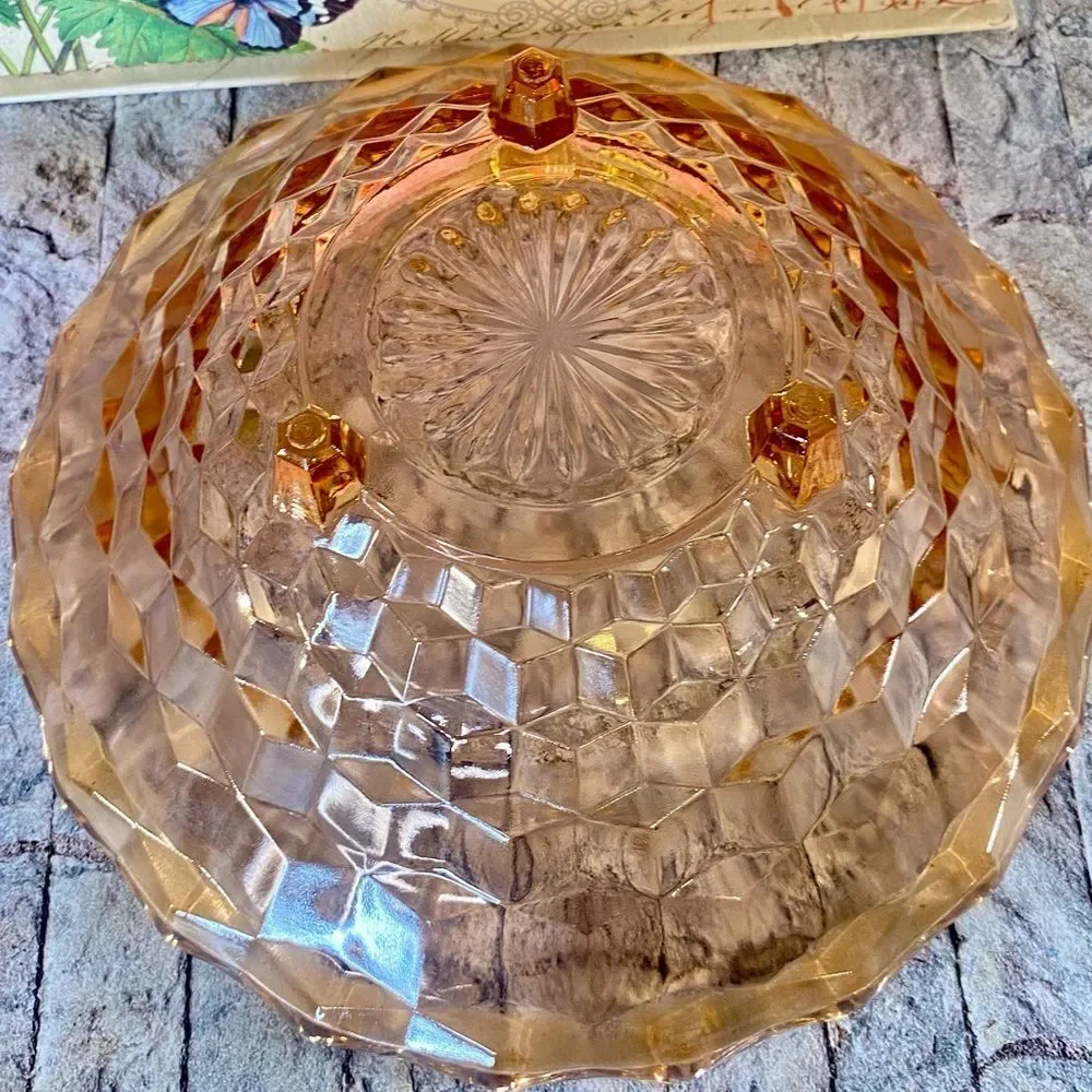 Vintage Large Pink Depression Glass Footed Bowl Cubed Pattern Salad Bowl